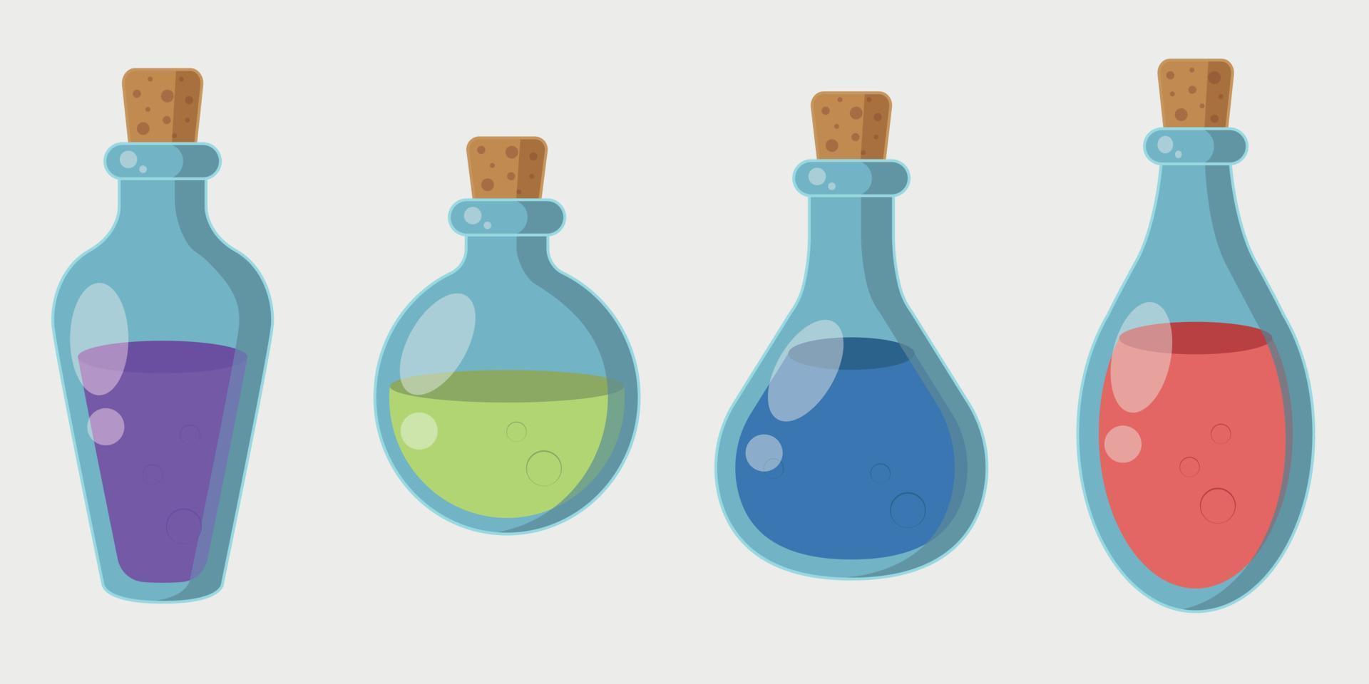 Set of bottles of potions. Liquid in glass jar in cartoon style. Flasks with red, blue, green and purple elixir. Vector illustration in flat style.