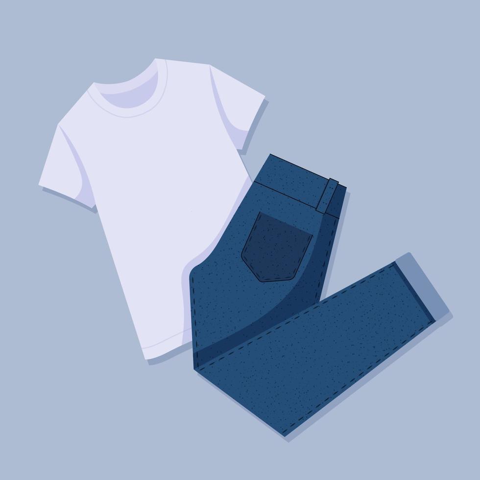 White T-shirt and blue jeans. Womens casual outfit ideas flat lay. Trendy look. View from above. Vector illustration in flat cartoon style.