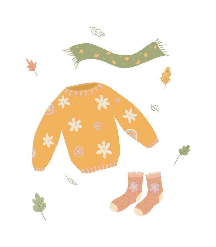 Illustration of warm knitted clothes. Yellow knitted sweater and socks. Illustration for sites, advertising, calendar, booklets. vector