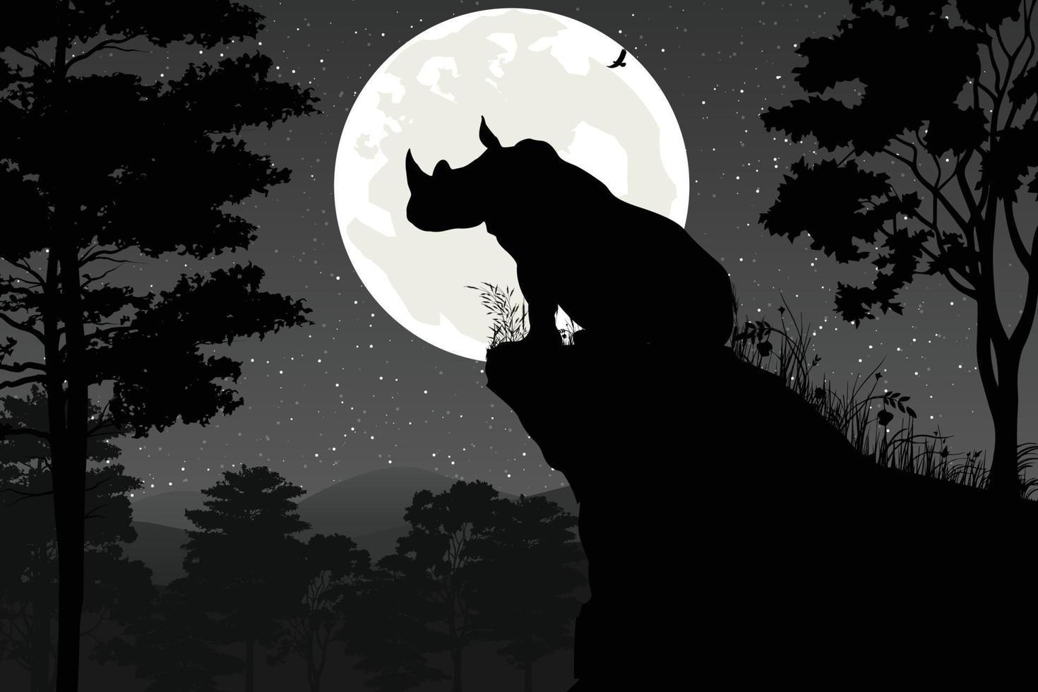 cute rhino and moon silhouette landscape vector