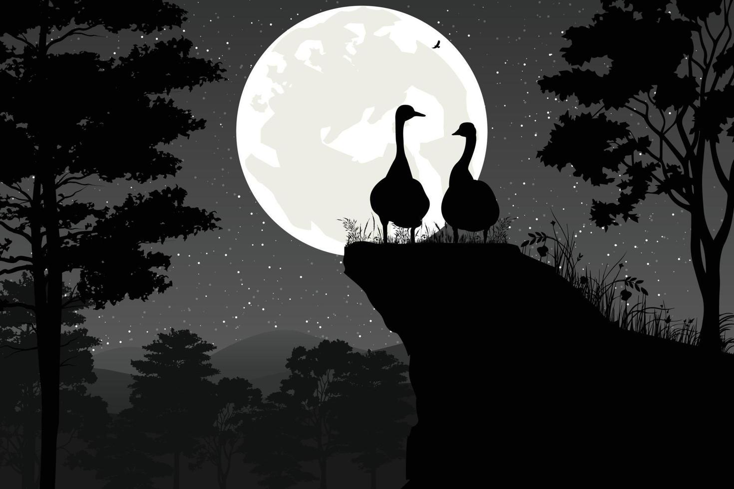 cute goose and moon silhouette landscape vector