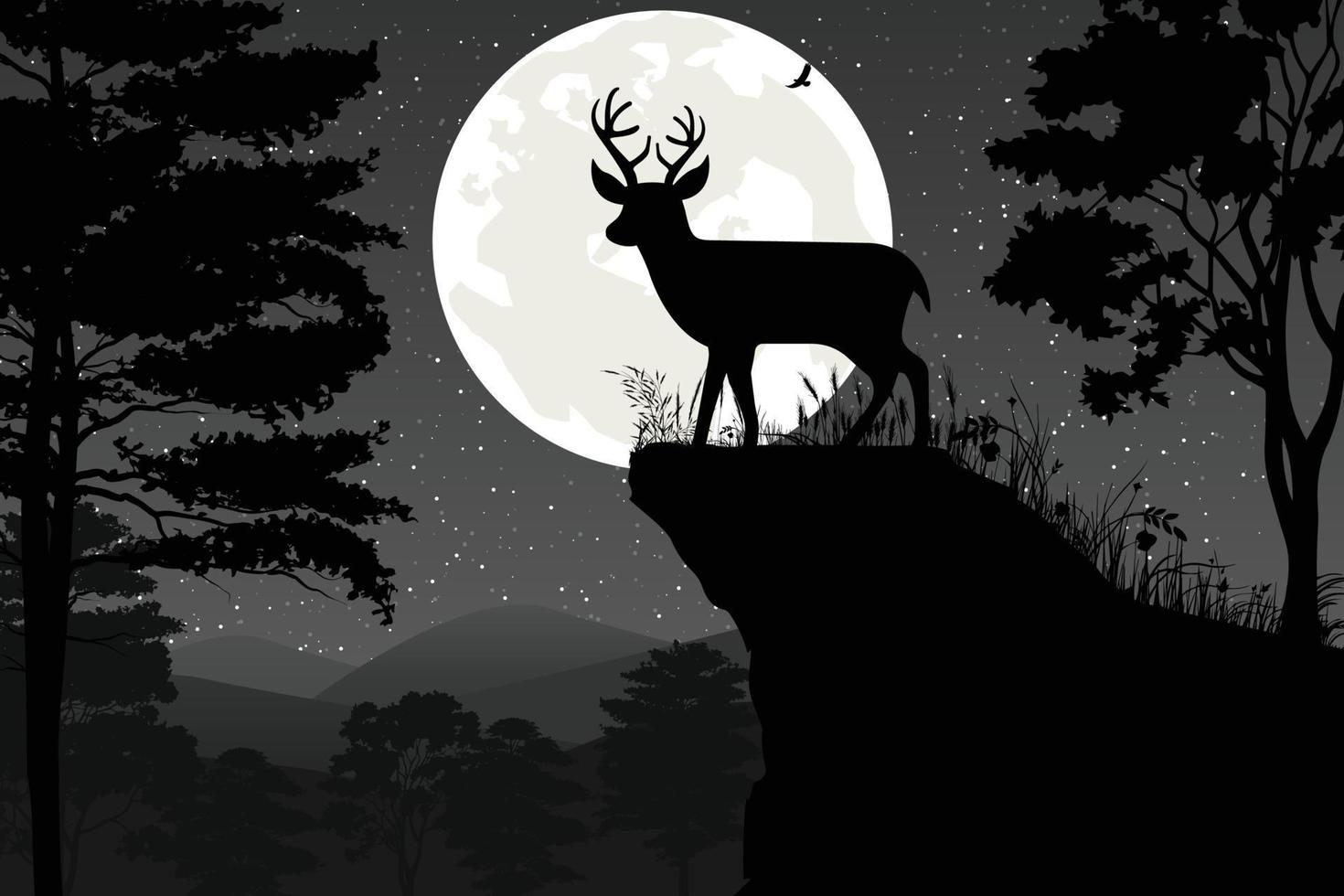 cute deer and moon silhouette landscape vector