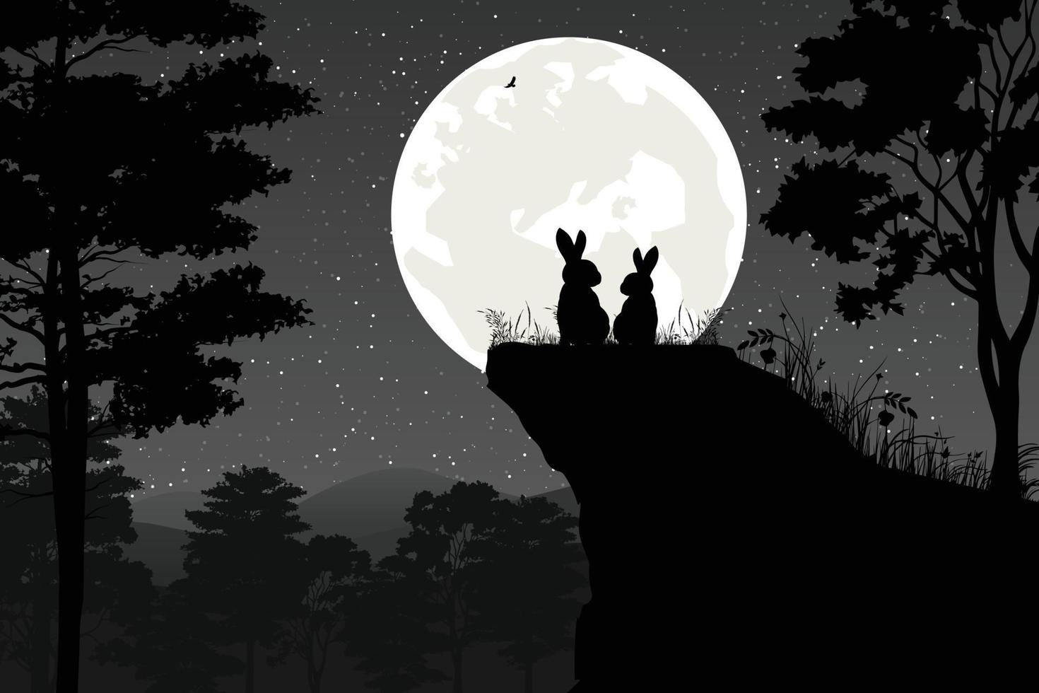 cute rabbit and moon silhouette landscape vector