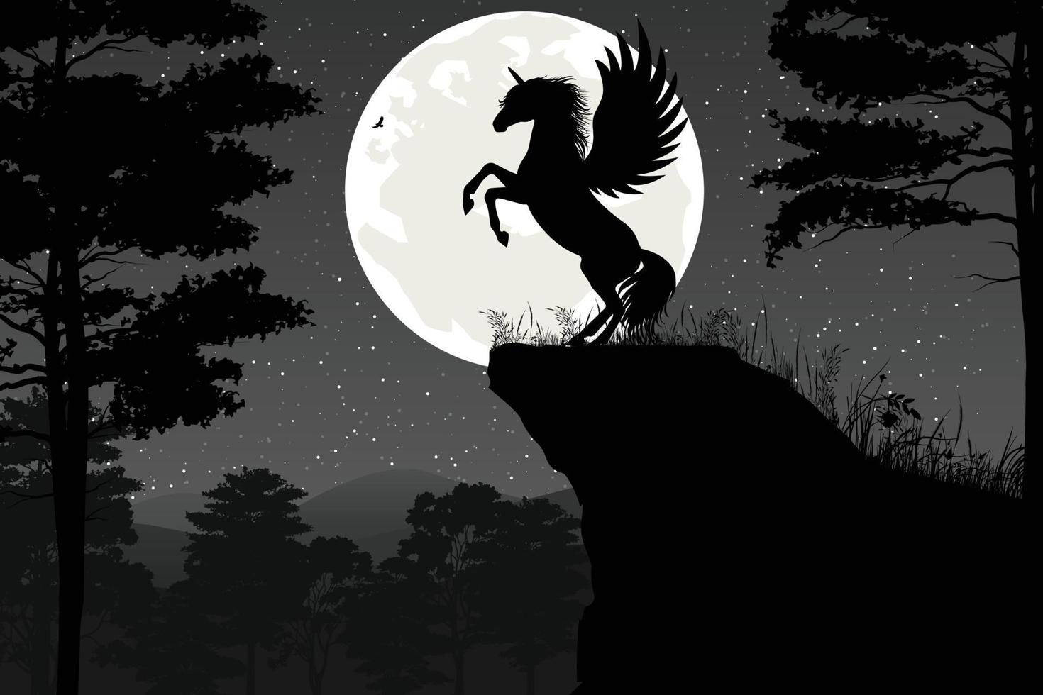 lindo paisaje de silueta de unicornio y luna vector