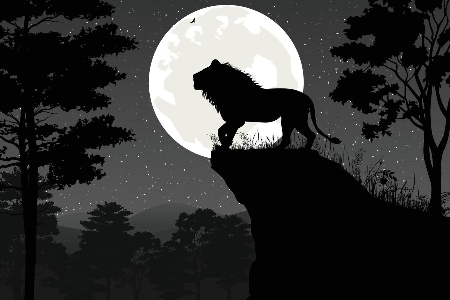 cute lion and moon silhouette landscape vector