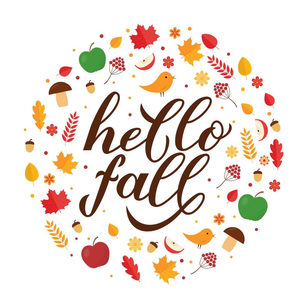 Hello fall calligraphy hand lettering in circle frame of leaves and acorns. Autumn seasonal inspirational quote typography poster. Easy to edit vector template for banner, flyer, sticker, postcard.