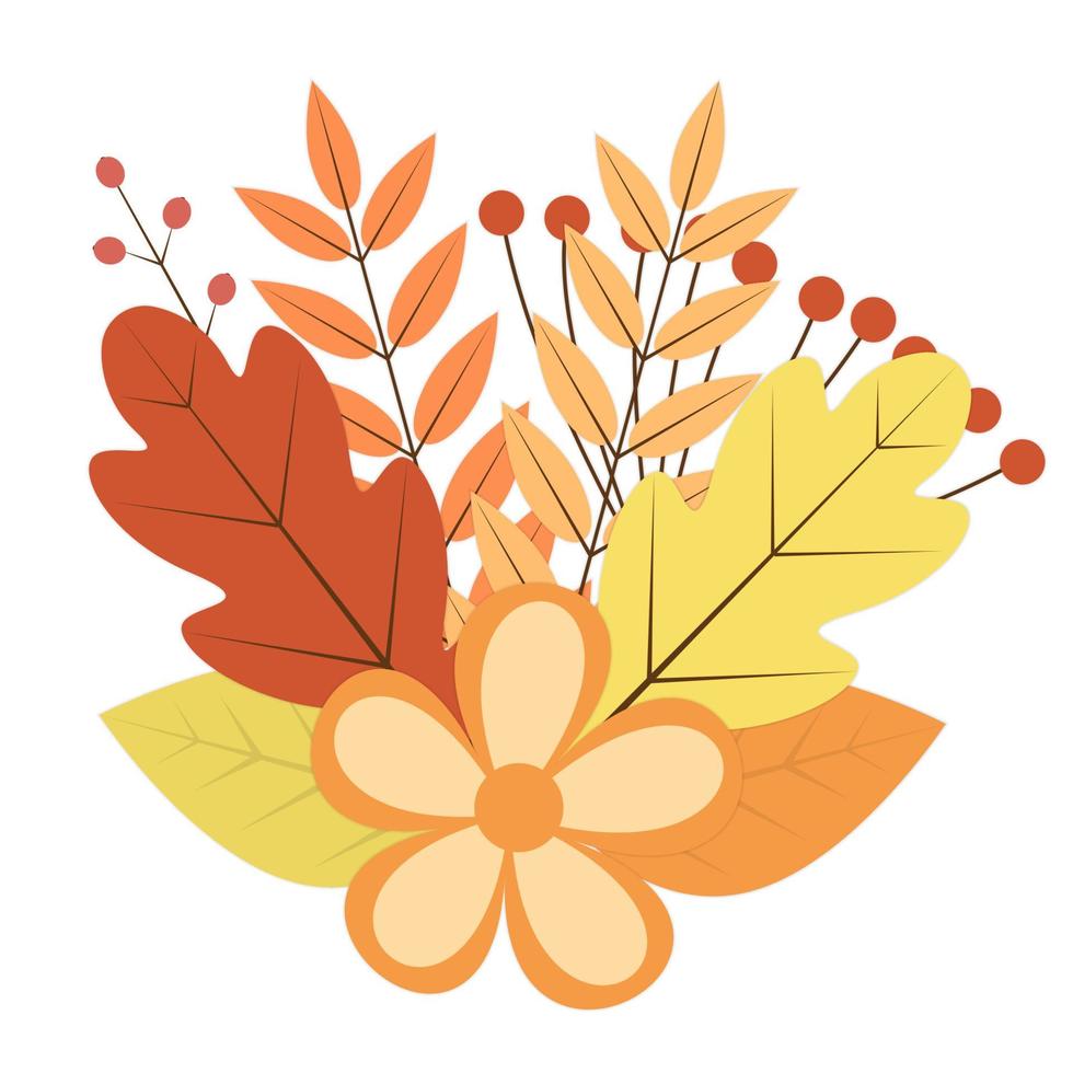 Bouquet of colorful autumn leaves. berries and flowers. Fall theme vector illustration. Thanksgiving day greeting card or invitation. Easy to edit design template for your artworks.