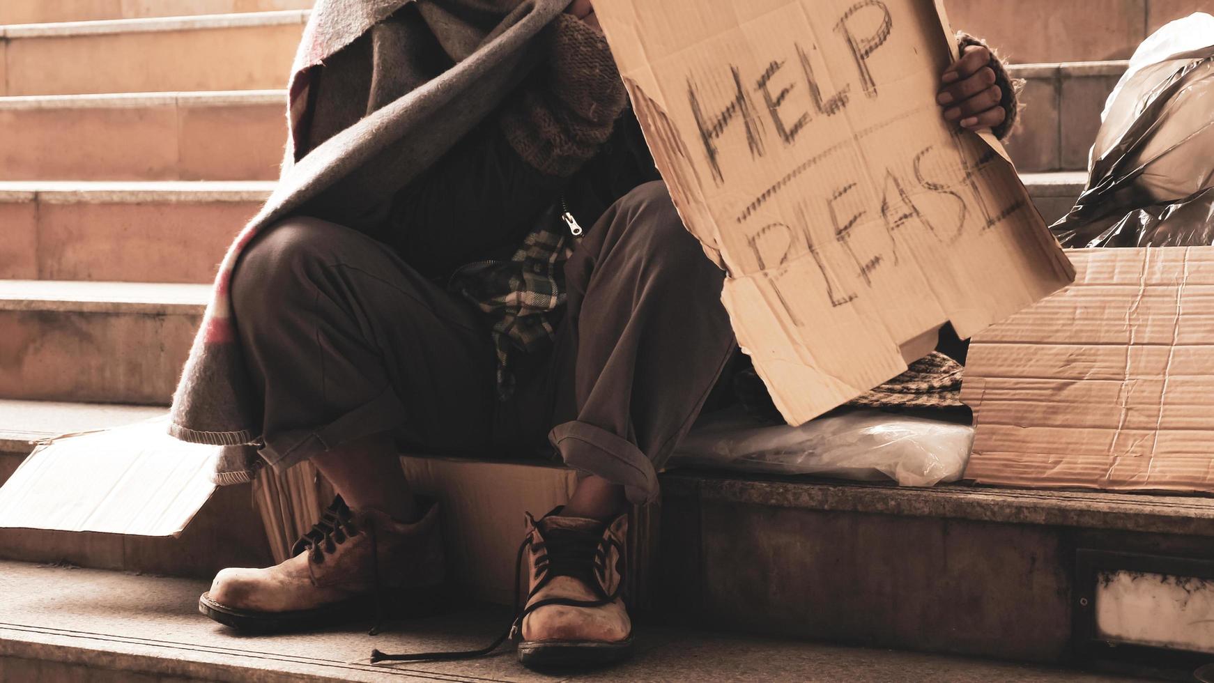 Homeless man sitting on stairs. photo
