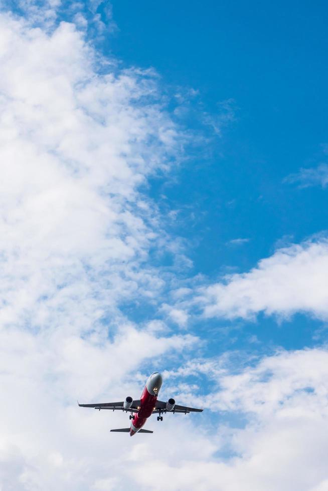 Airplane flying on blue sky. Free space for text photo