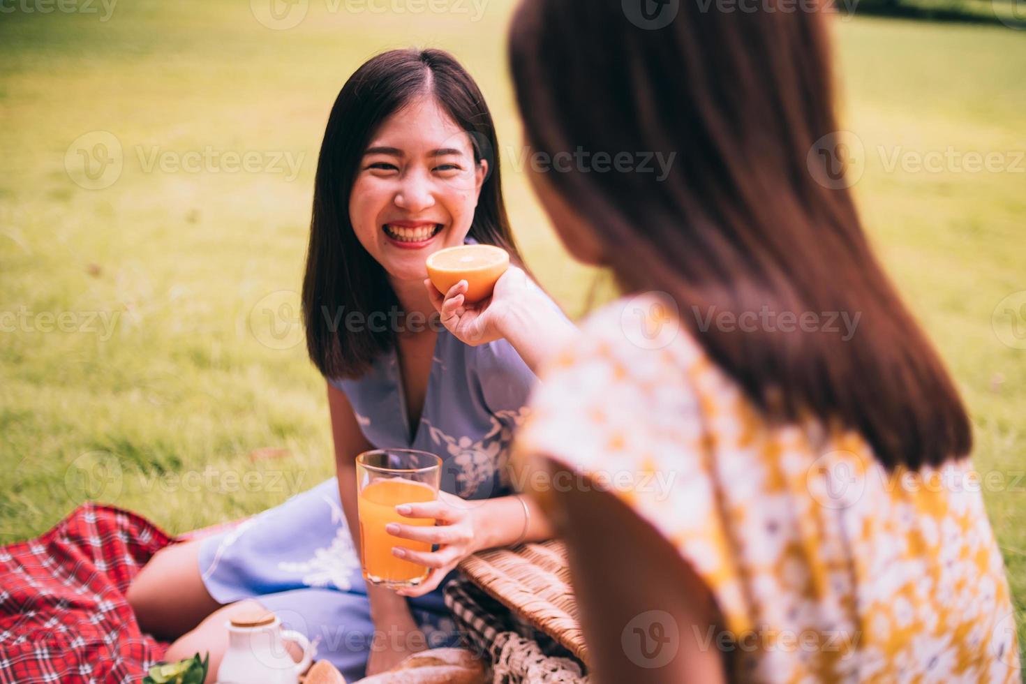 dos amigas disfrutando de un picnic juntas en un parque. foto