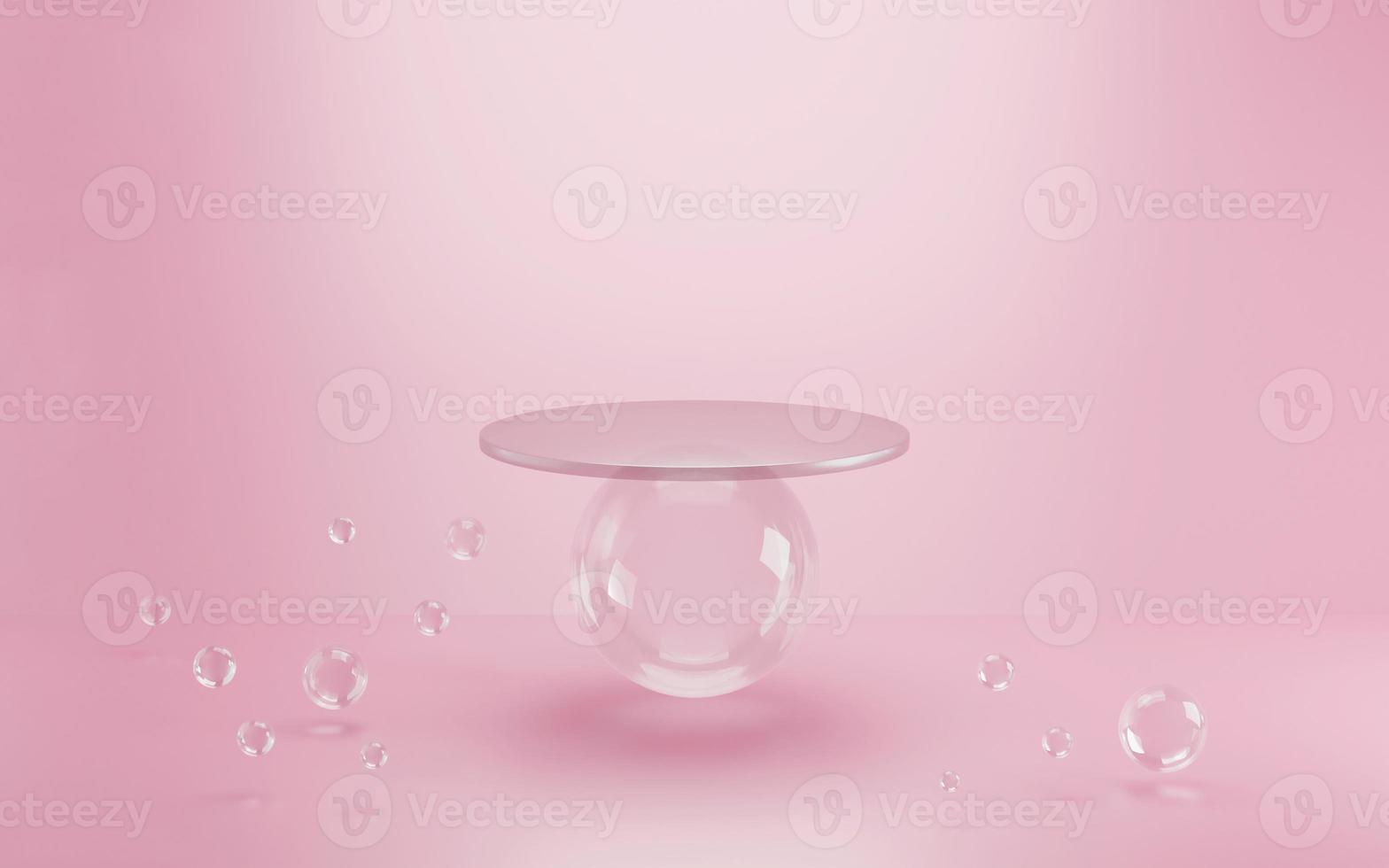 Pink minimal podium with glass ball and silver circle plates on pink scene background, mock up, geometry shape platform for product display, modern stage. 3D render illustration. photo