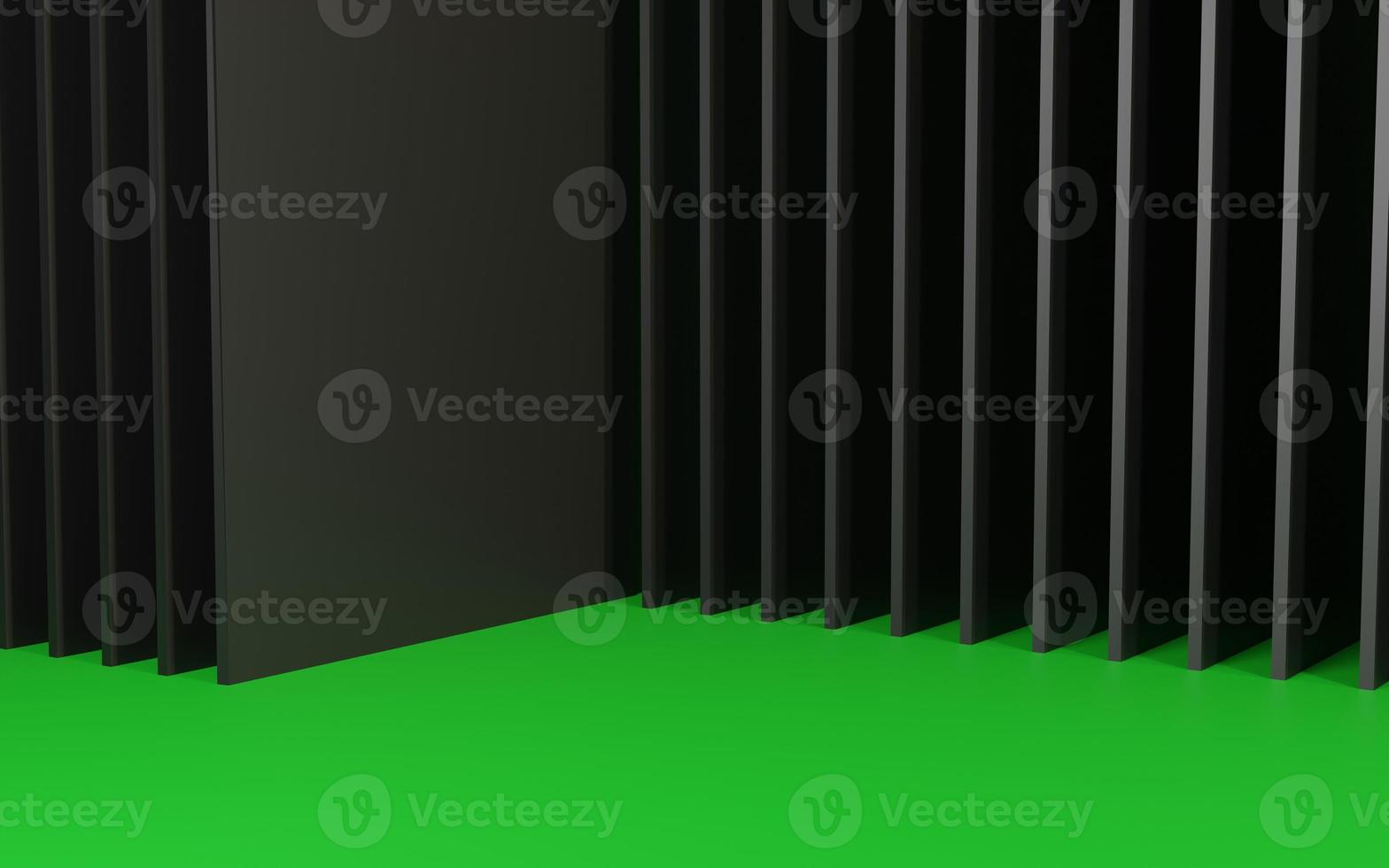 3D abstract geometric green and black color background. Multiple black square shapes stacked on  green background. 3d render illustration. photo