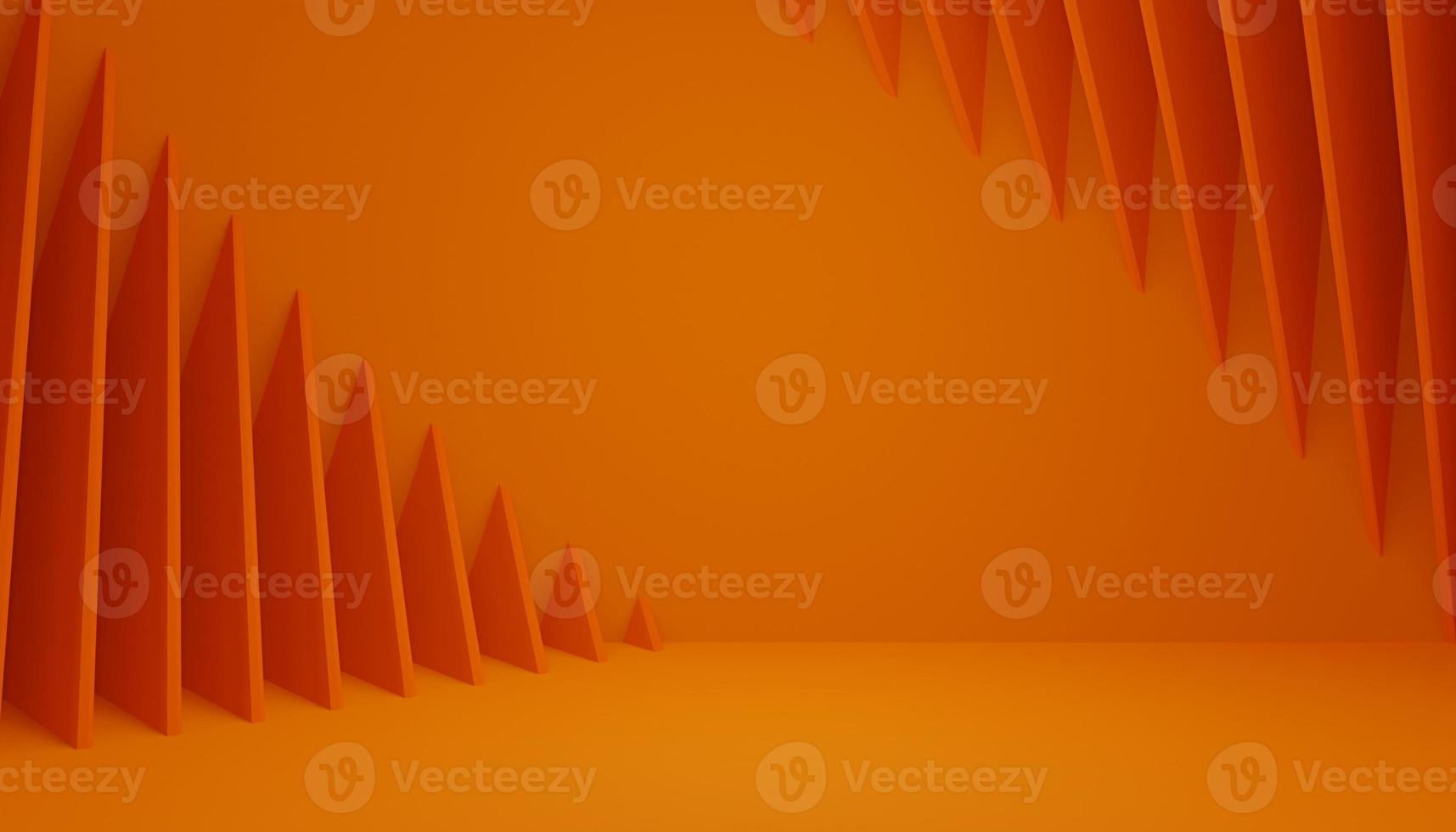 3D abstract geometric orange background. Several triangle shapes are stacked diagonally. on the background that resembles a square room. 3D render illustration. photo