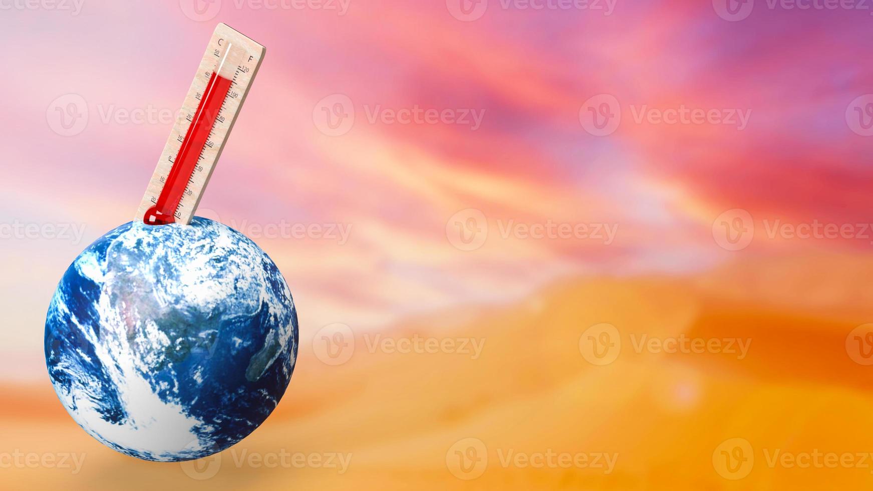 el termómetro y la tierra para el concepto de cambio climático o ecológico representación 3d foto