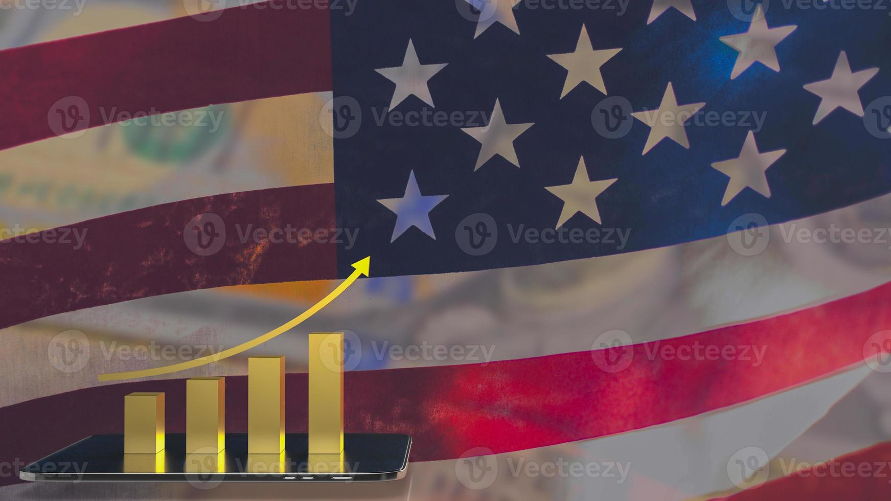 el gráfico de negocios de oro y la tableta en la representación 3d del fondo de la bandera de américa foto