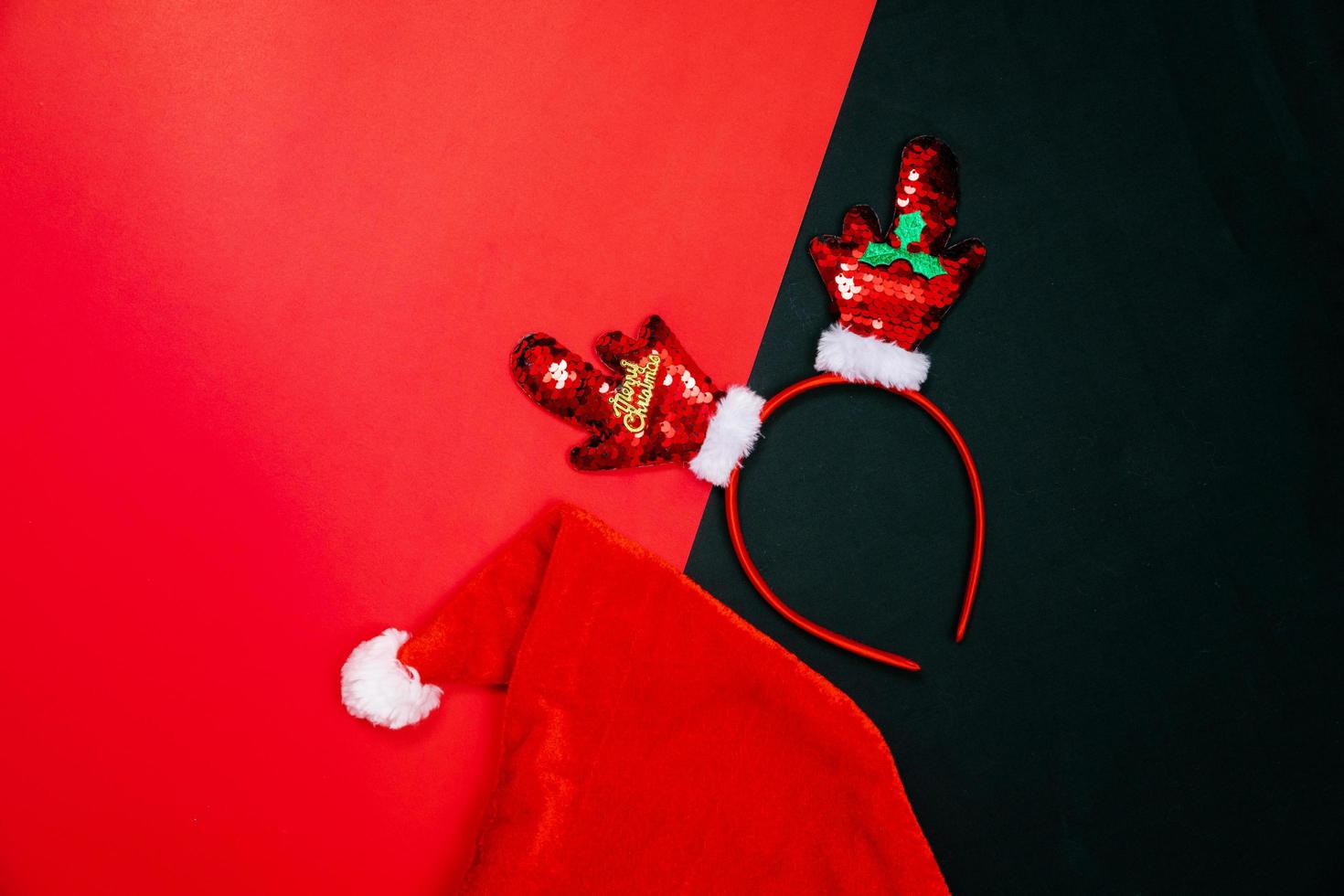 Christmas background concept. Top view of Christmas gift box gold balls with spruce branches, christmas headband photo