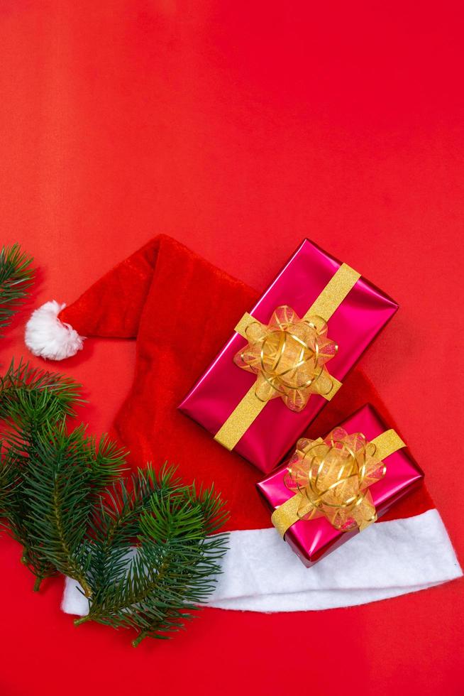 Christmas background concept. Top view of Christmas gift box with spruce branches photo