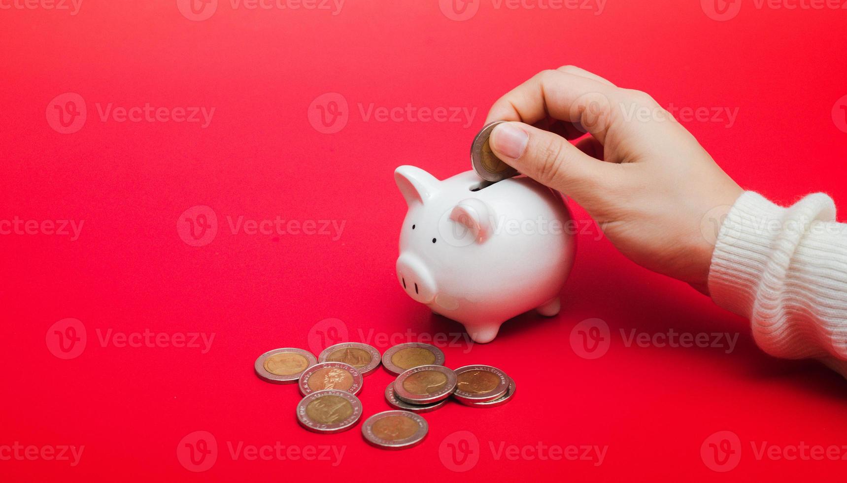 woman hand putting money coin into piggy photo