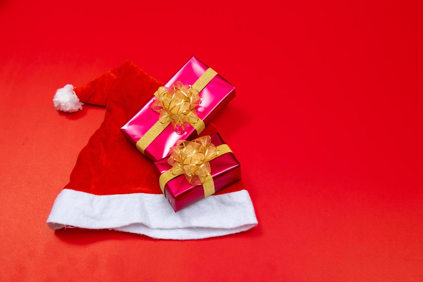 Christmas background concept. Top view of Christmas gift box with spruce branches photo