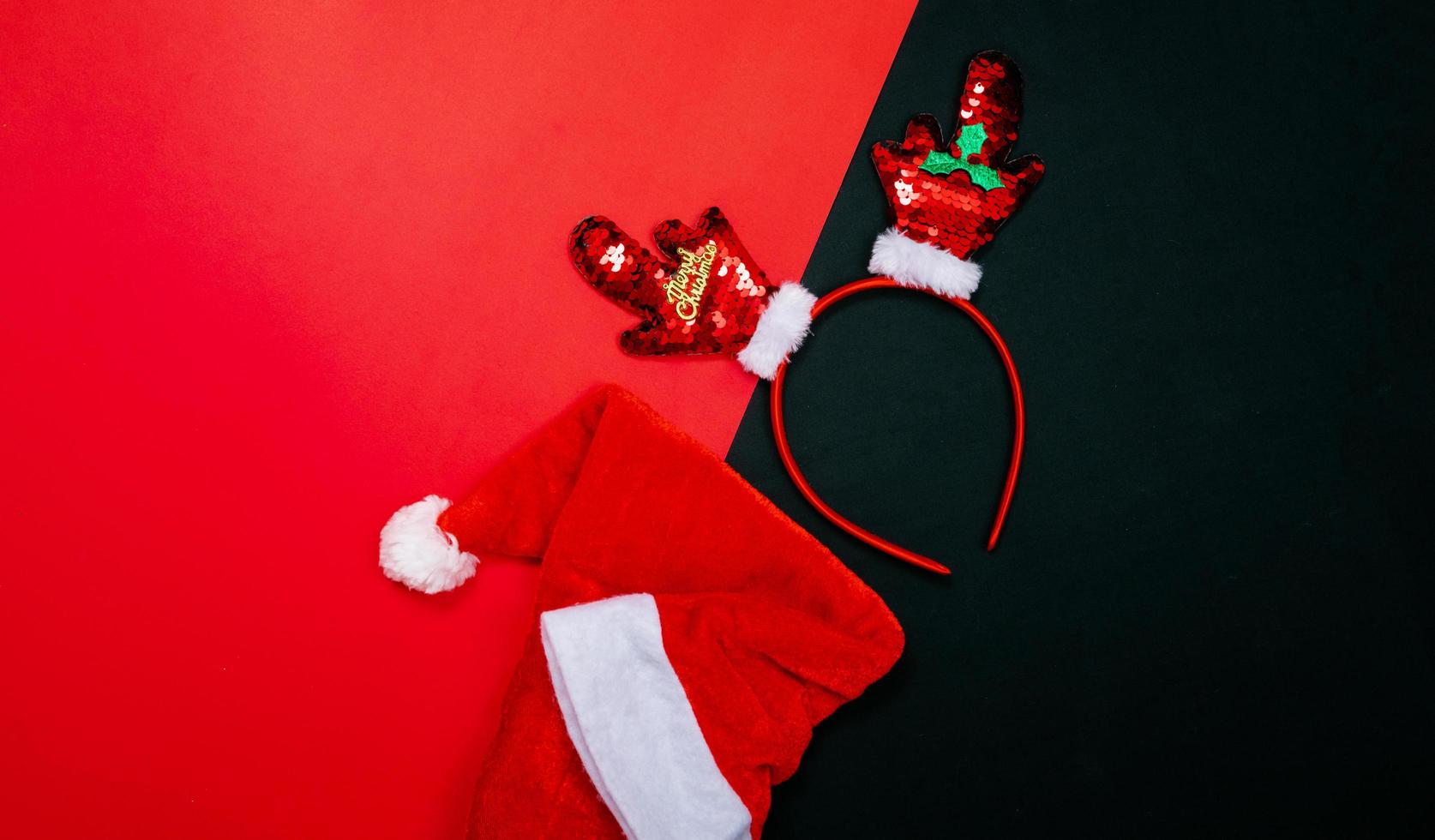 Christmas background concept. Top view of Christmas gift box gold balls with spruce branches, christmas headband photo