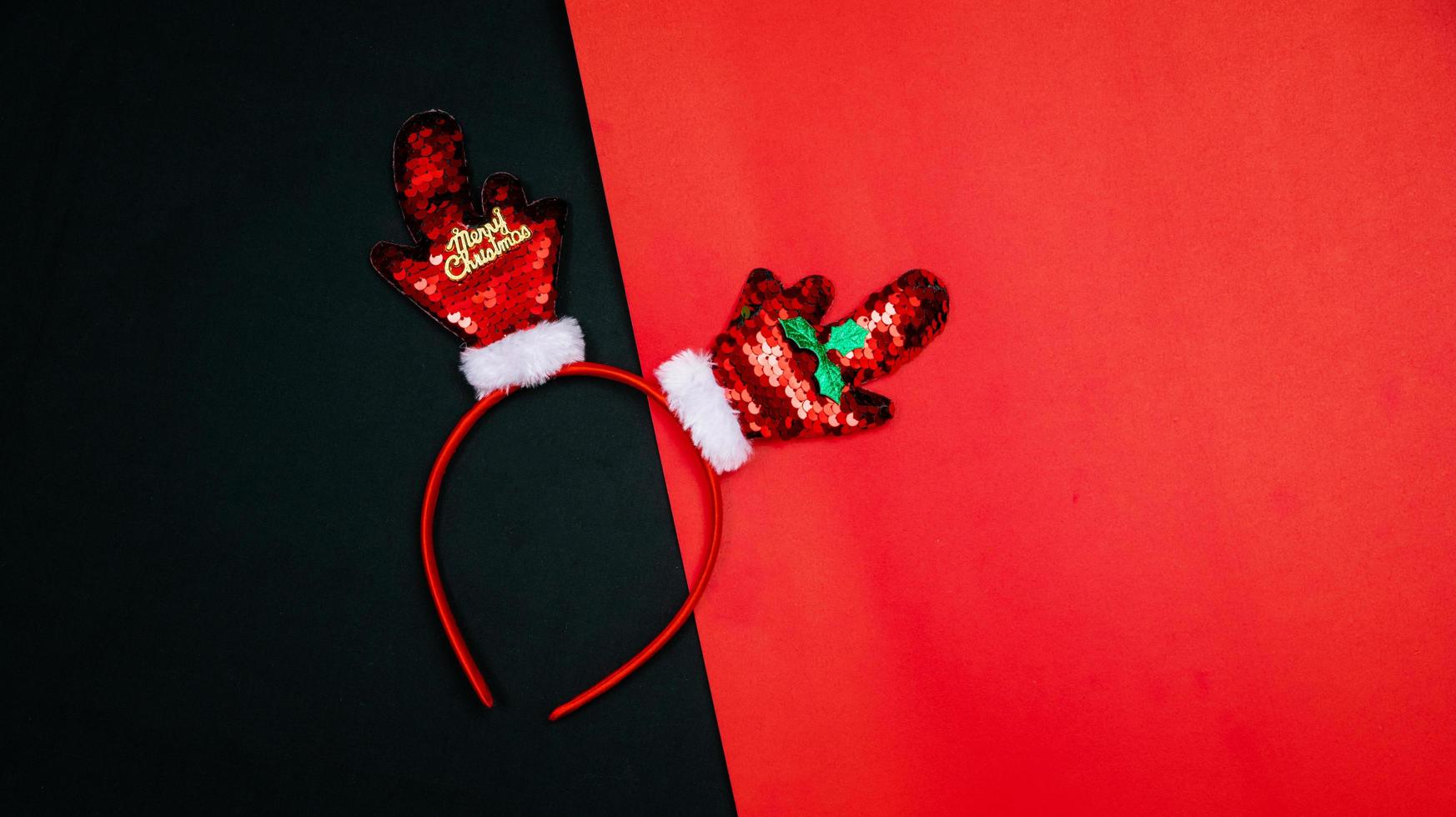 Christmas background concept. Top view of Christmas gift box gold balls with spruce branches, christmas headband photo