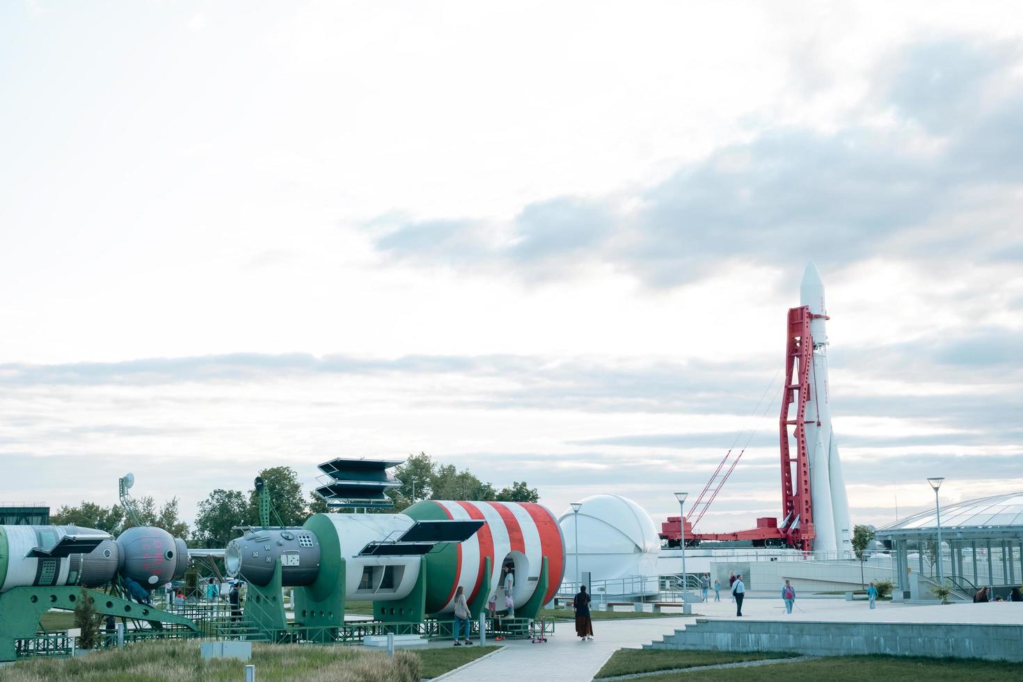 Kaluga Cosmonautics Museum-preparation for the opening of the 2nd line. Rocket Vostok, planetarium dome, Tsiolkovsky Park in front of the building, reconstruction. August 29, 2022, Kaluga, Russia. photo
