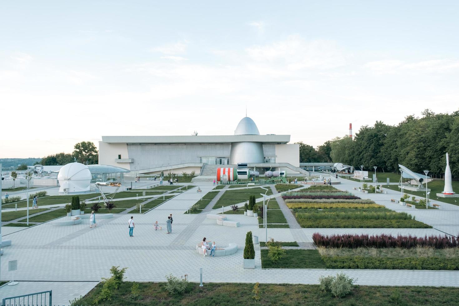 Kaluga Cosmonautics Museum-preparation for the opening of the 2nd line. Rocket Vostok, planetarium dome, Tsiolkovsky Park in front of the building, reconstruction. August 29, 2022, Kaluga, Russia. photo