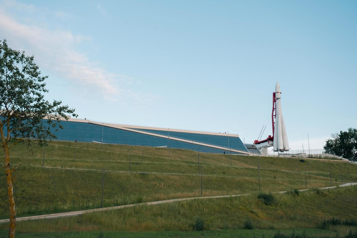 Kaluga Cosmonautics Museum-preparation for the opening of the 2nd line. Rocket Vostok, planetarium dome, Tsiolkovsky Park in front of the building, reconstruction. August 29, 2022, Kaluga, Russia. photo