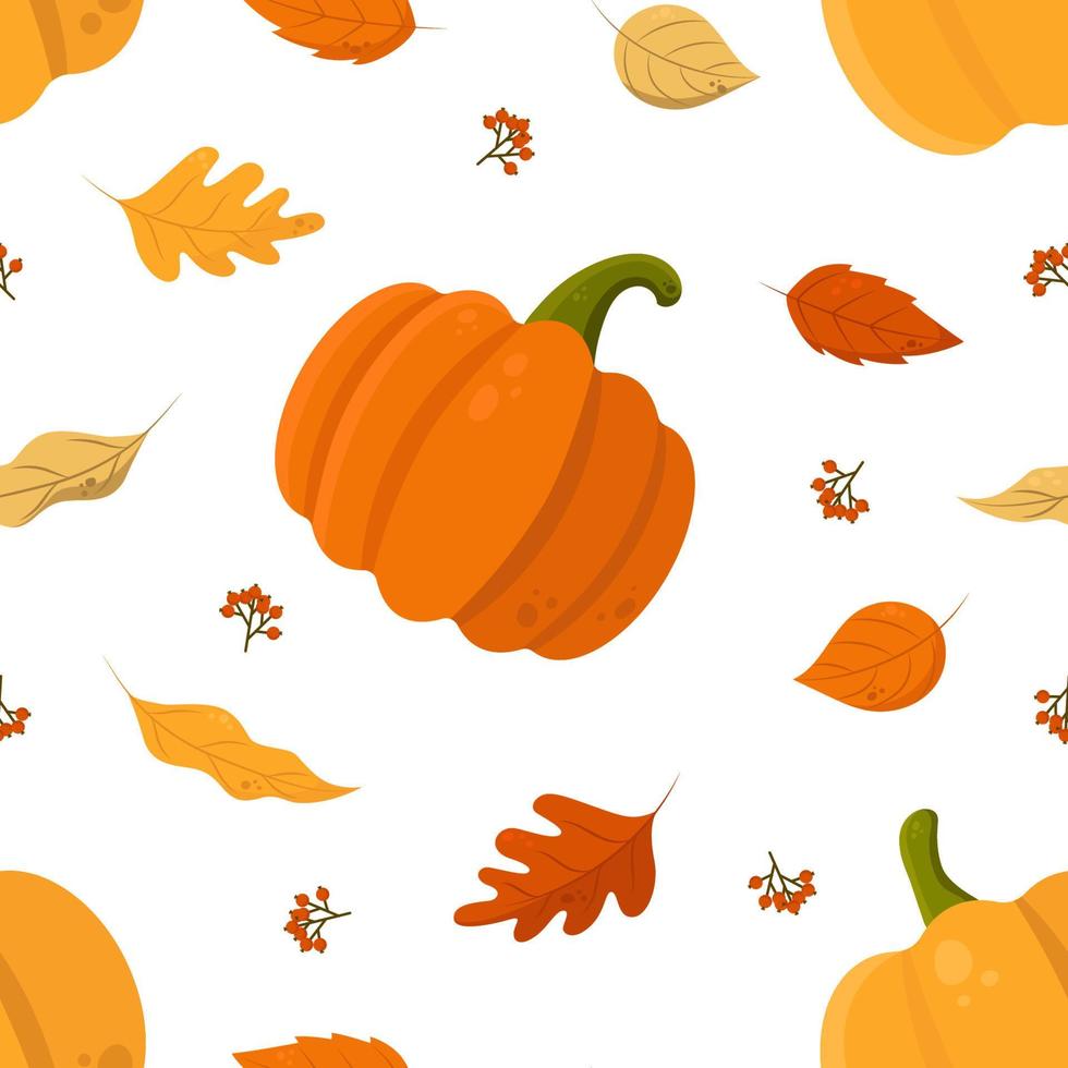 Autumn Vector Seamless Pattern With Pumpkins, Fallen Leaves and Rowan. Perfect for Wrapping Paper, Packing, Textile, etc.