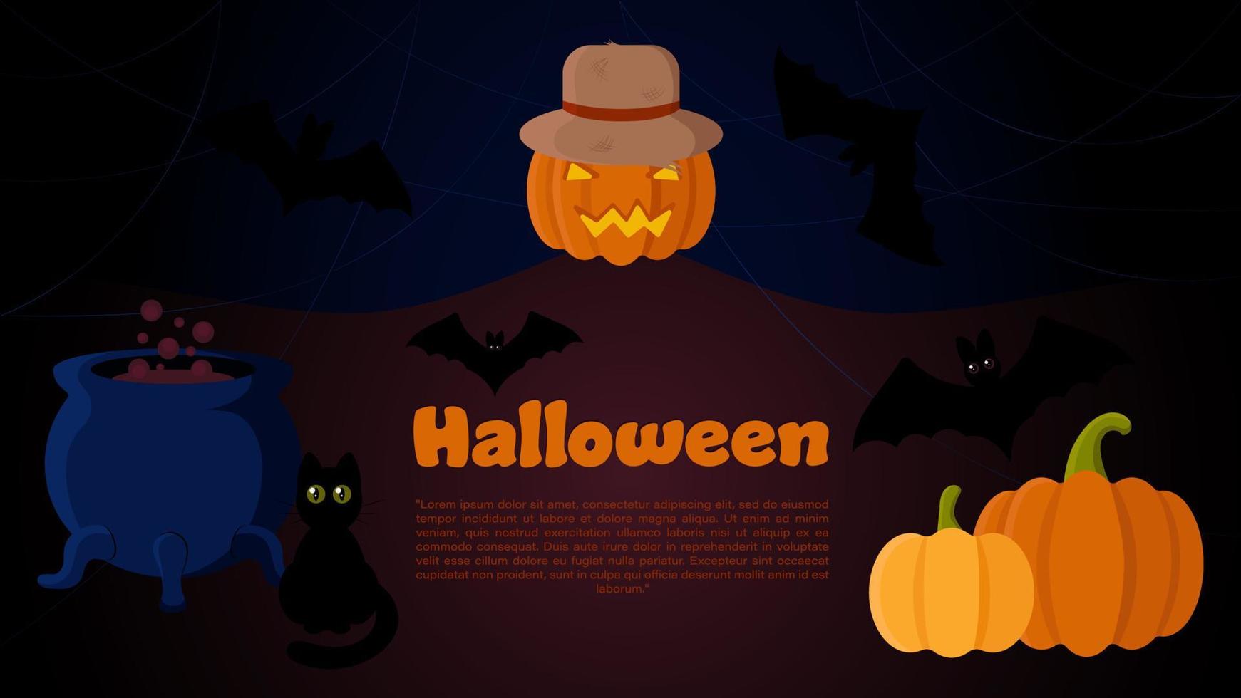 plantilla de banner vectorial de halloween con espantapájaros jack o'lantern, calabazas, caldero de bruja, siluetas de gatos y murciélagos. perfecto para sitios web, redes sociales, materiales impresos, etc. vector