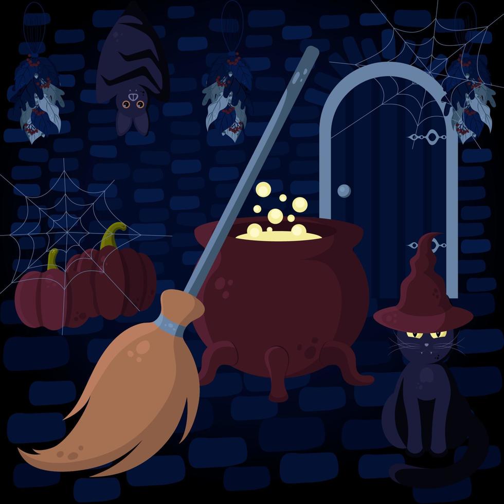Witch's Hut Vector Illustration With Cauldron, Broom, Cat, Pumpkins, Bat, Herbs and Spider Web. Perfect for Halloween Banners, Printed Materials, Social Media, etc.