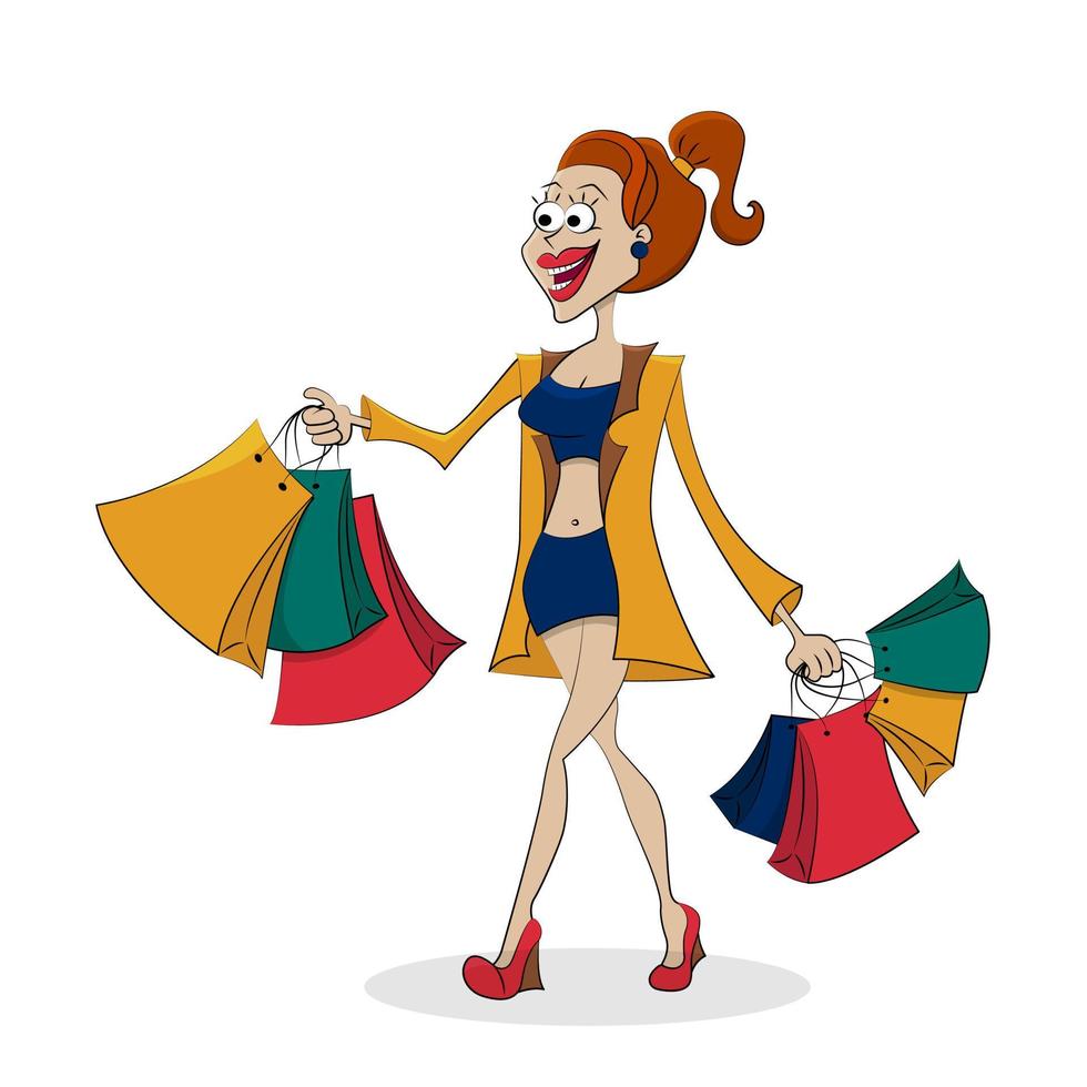 Happy young girl walking with a bag full of shopping. Big sale. Fun vector illustration.