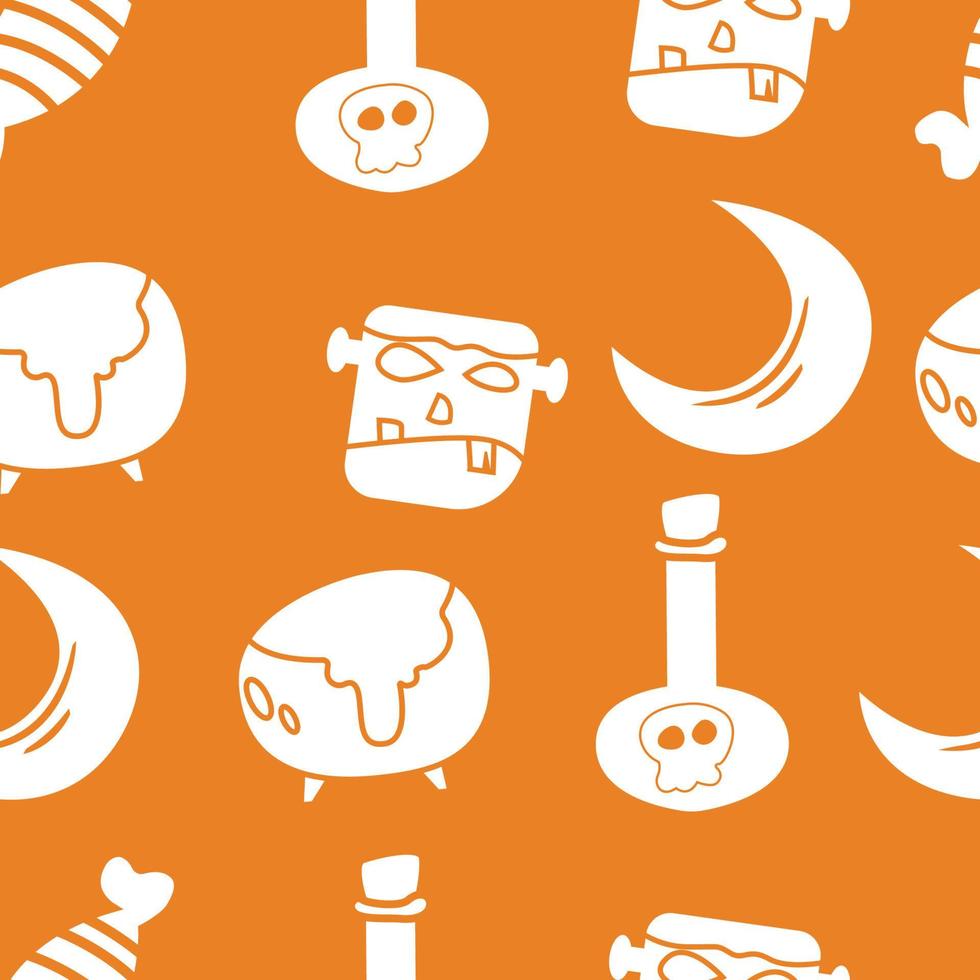 Halloween seamless pattern with spell bottle, frankenstein, candy, and more. Halloween seamless orange background. Ready for printing. easy to edit vector
