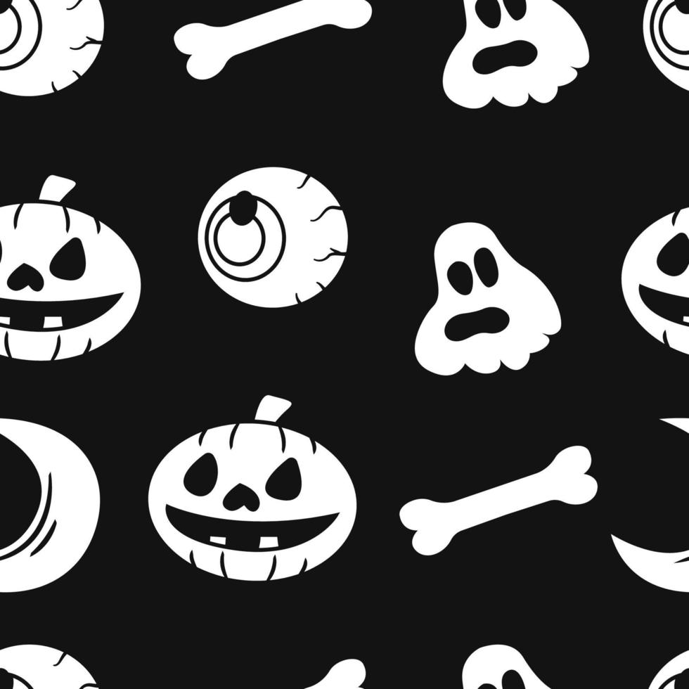 Halloween seamless pattern with eyes, ghosts, bones, and more. Halloween seamless black background. Ready for printing. easy to edit vector