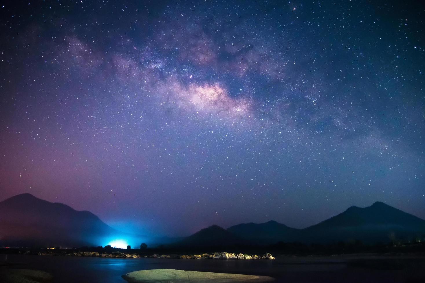 Milky Way galaxy landscape rivers and light with mountains background in the  dark night sky photo