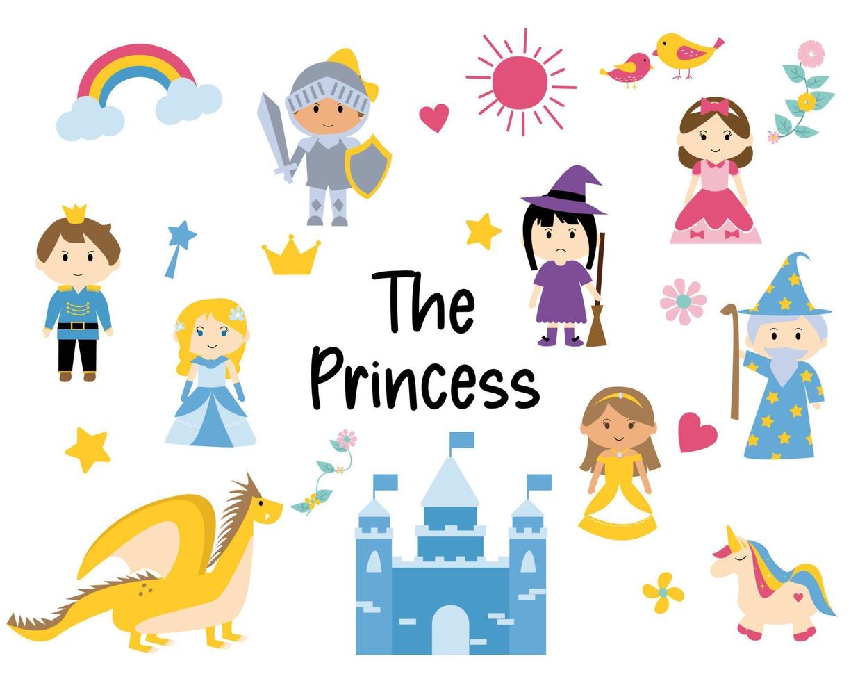 lindo conjunto de dibujos animados de princesa con elemento de imágenes prediseñadas de cuento de hadas para la decoración vector