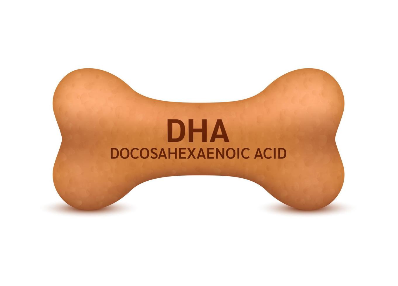 Bone shaped dry food for cats and dogs with omega 3 DHA dietary supplement bones canine arthritis osteoarthritis. On a white background vector 3D. Can use for advertising pet food.