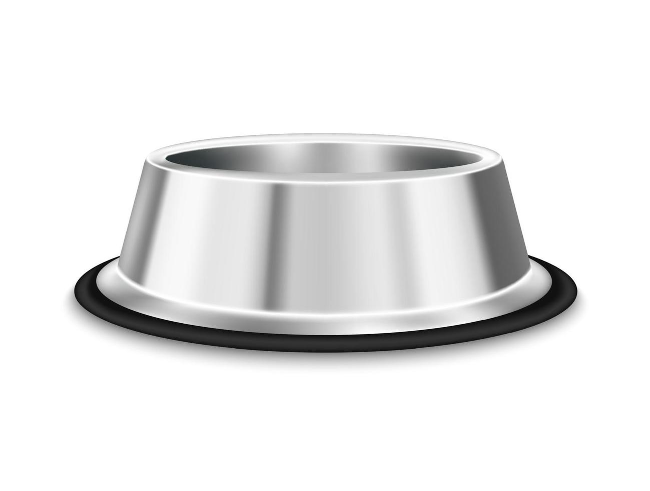 Food bowl stainless steel for dogs cats. Use for advertising pet food. Vector realistic 3D on a white background.