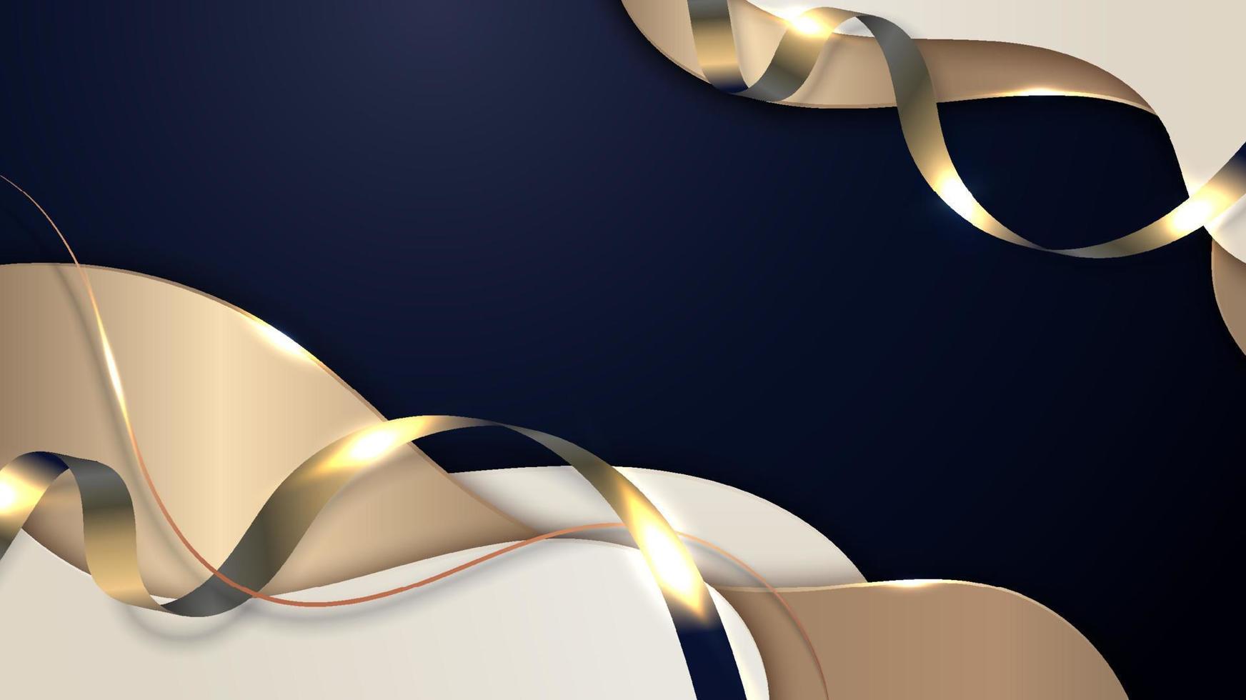 Abstract luxury 3D golden fluid with gold ribbon lines on dark blue background paper cut style vector