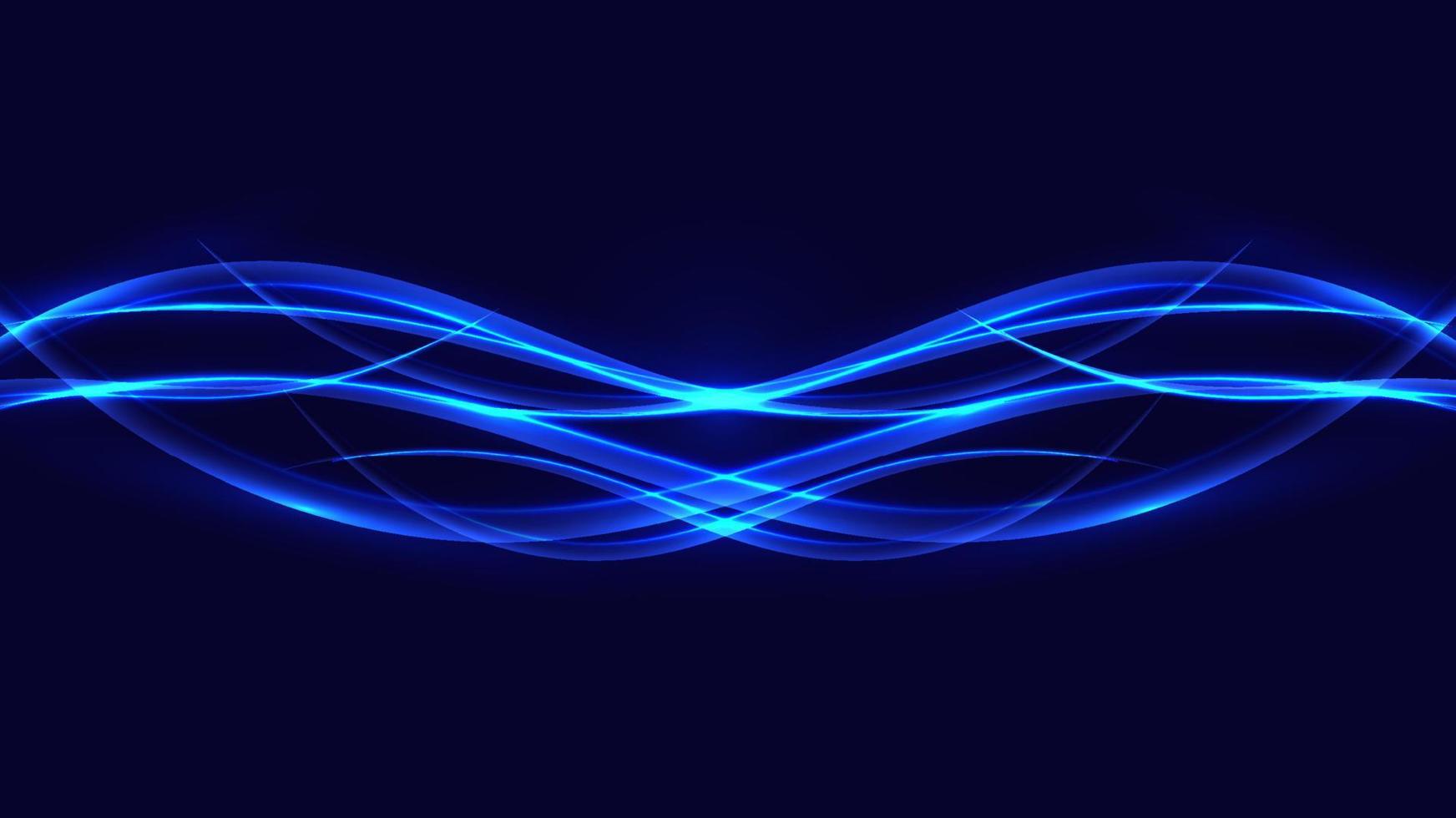 Abstract blue neon shiny glowing wave moving lines with lighting effect design elements on dark background vector