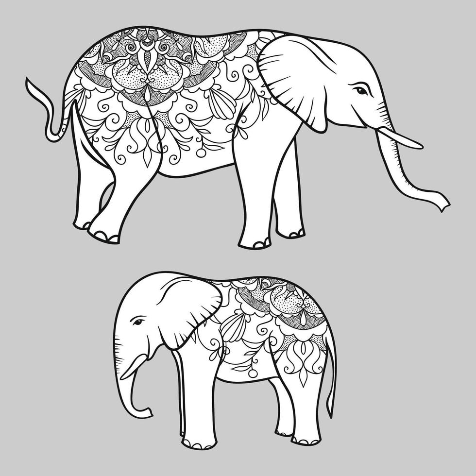 Vector illustration of elephant mother and calf walking with pattern