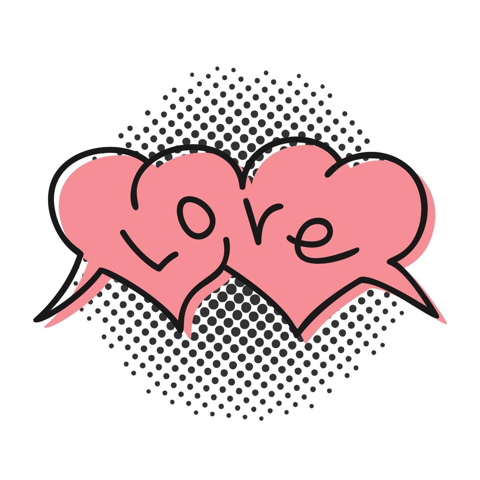 Speech bubble in the form of hearts with the word love in retro style on a white background. Vector icon bubble icon. Comic speech.