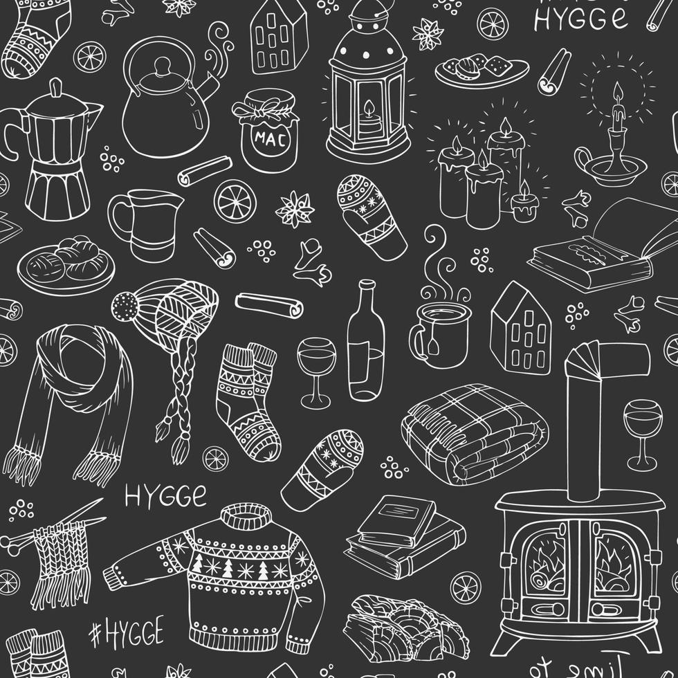 Seamless pattern with hand-drawn doodles hygge. Vector illustration.