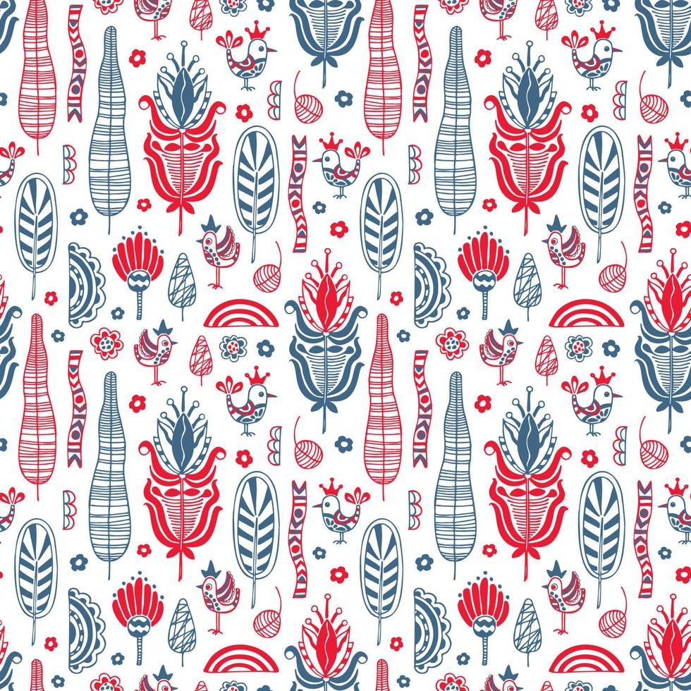 Vector seamless pattern in Scandinavian style with flowers and leaves