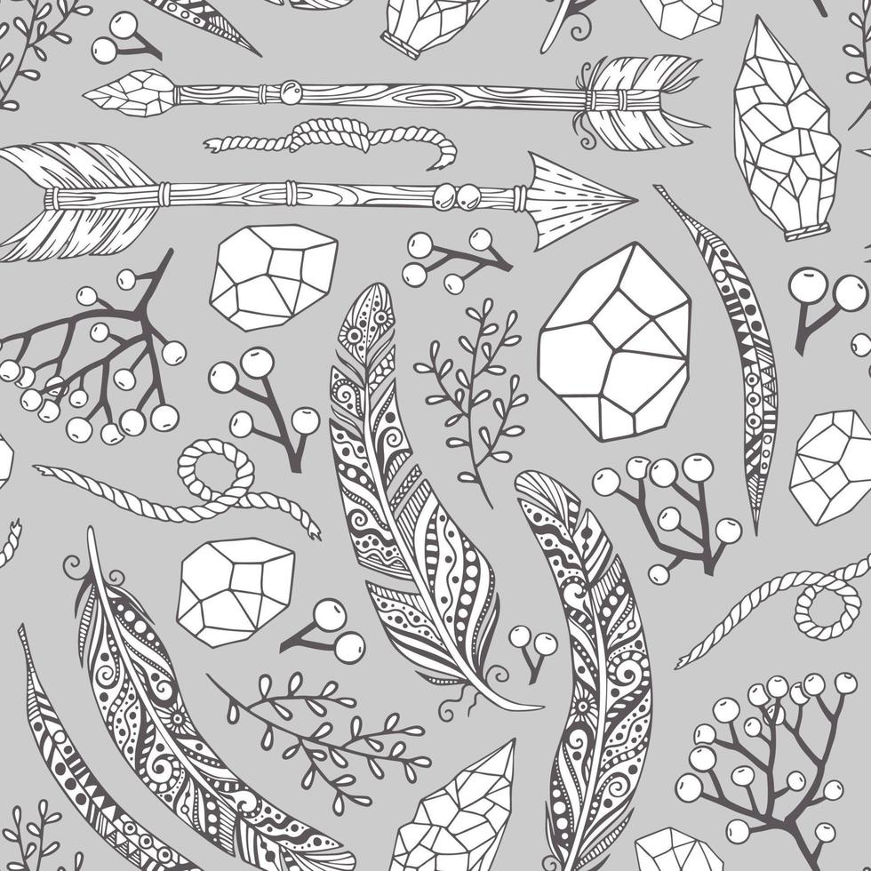 Vector seamless pattern in Boho style with arrows of feathers, plants, stones and rope.