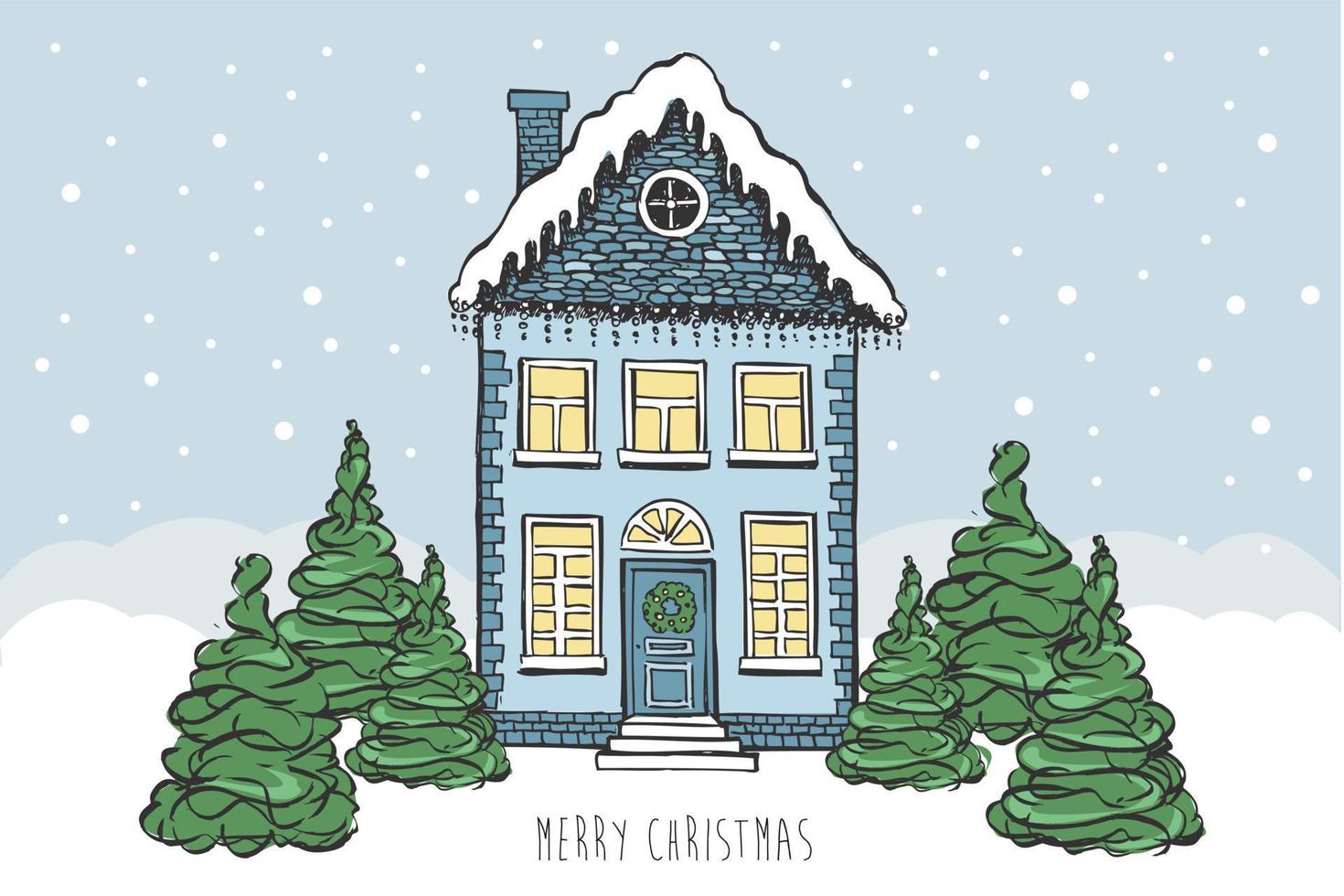 Illustration of houses. Christmas Greeting card. Hand drawn illustration. vector