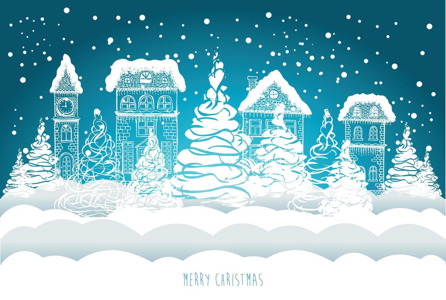 Illustration of houses. Christmas Greeting card. Hand drawn illustration. vector