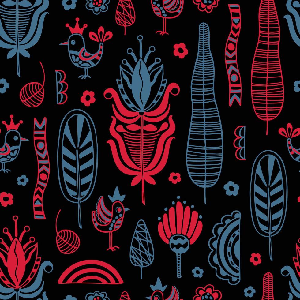 Vector seamless pattern in Scandinavian style with flowers and leaves