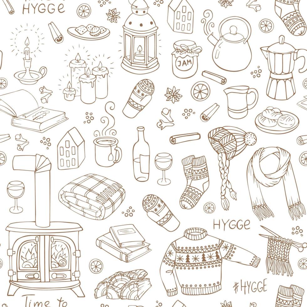 Seamless pattern with hand-drawn doodles hygge. Vector illustration.
