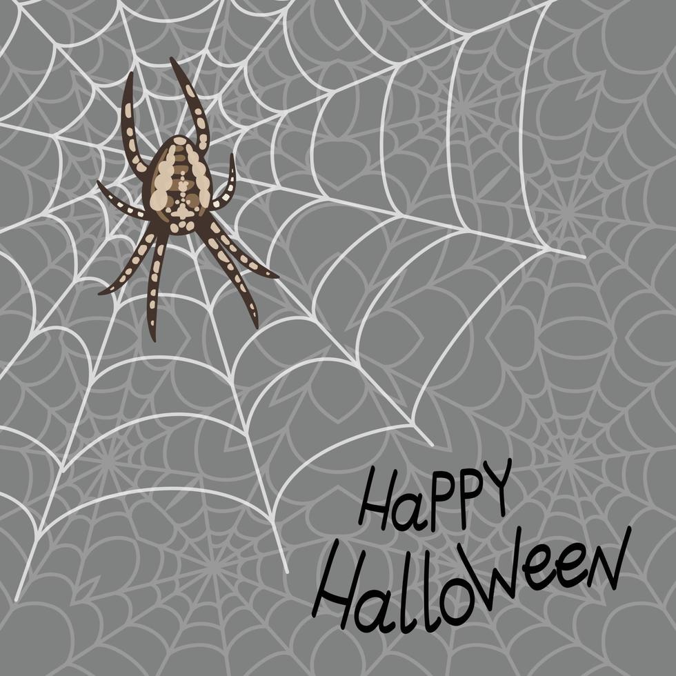 Vector background of happy Halloween with spider web and spider